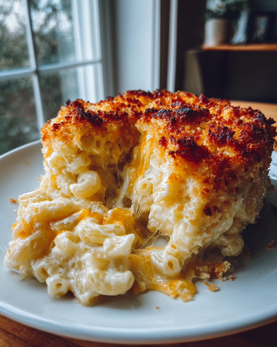 A rich serving of baked mac and cheese with a crispy topping and extreme cheese pull.