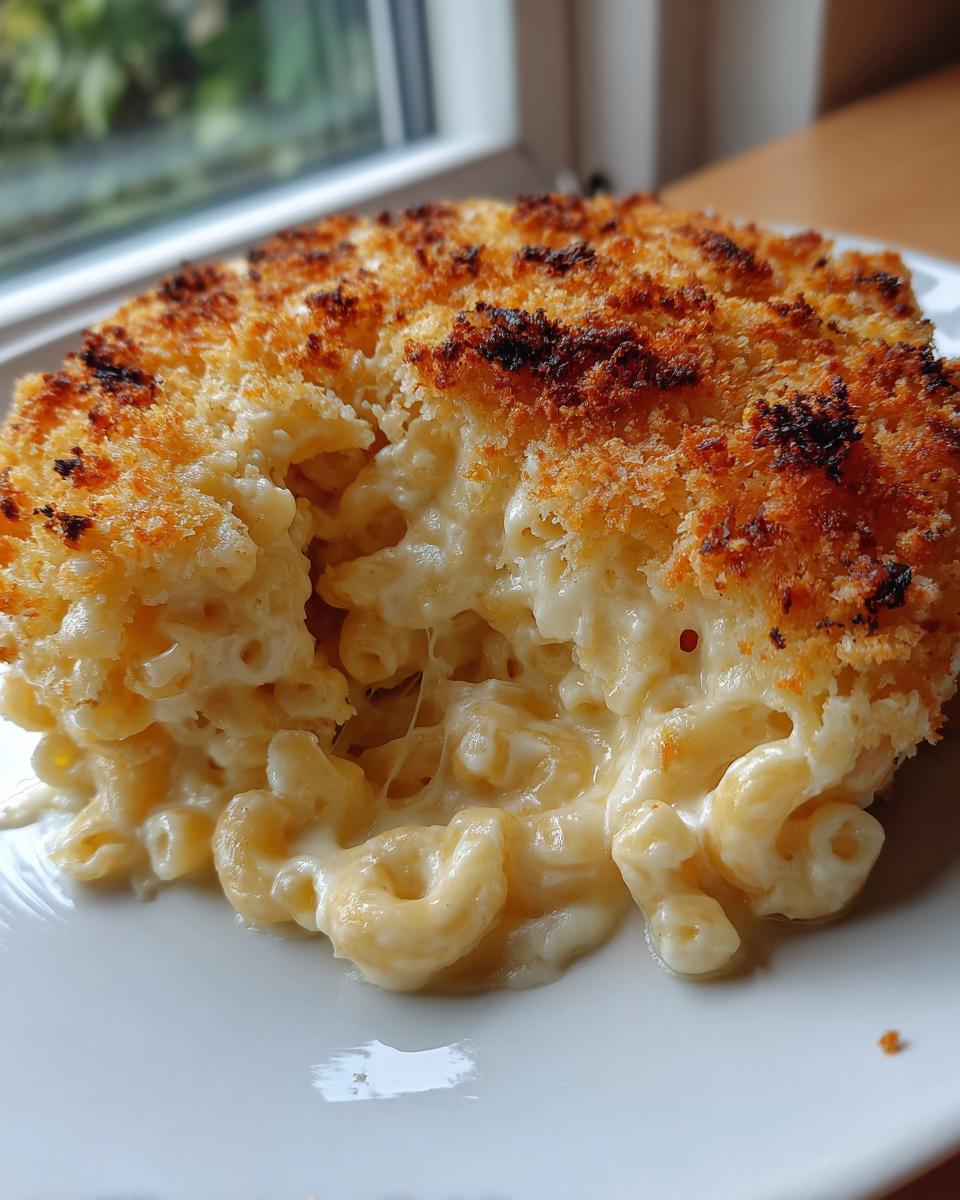 Close-up of a serving of baked mac and cheese showing creamy, gooey cheese pull and a golden, crispy breadcrumb topping.