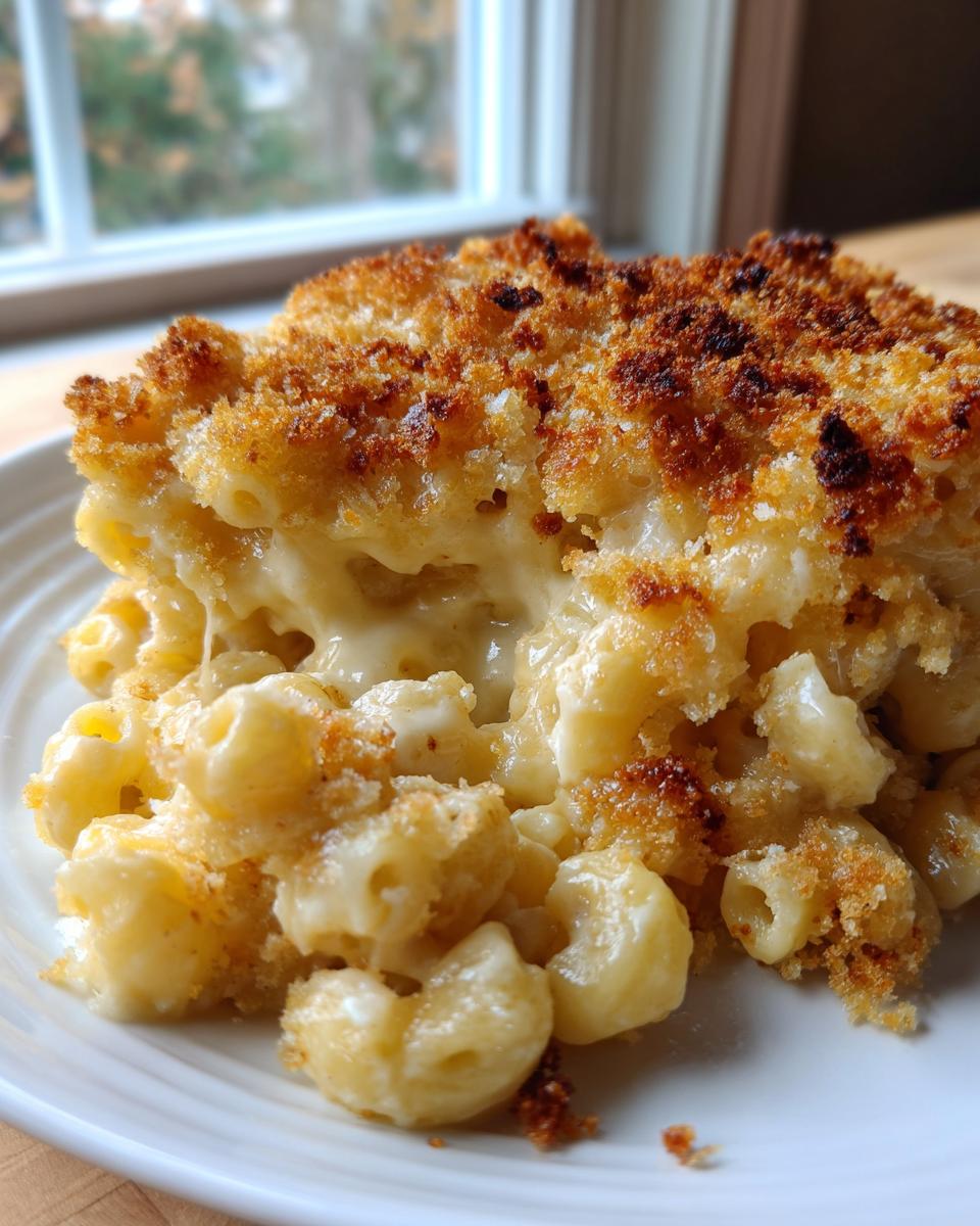 A close-up of a serving of creamy baked mac and cheese with a golden, crunchy breadcrumb topping.