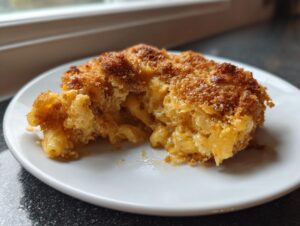A close-up of a serving of creamy baked mac and cheese with a crispy, golden-brown breadcrumb topping.