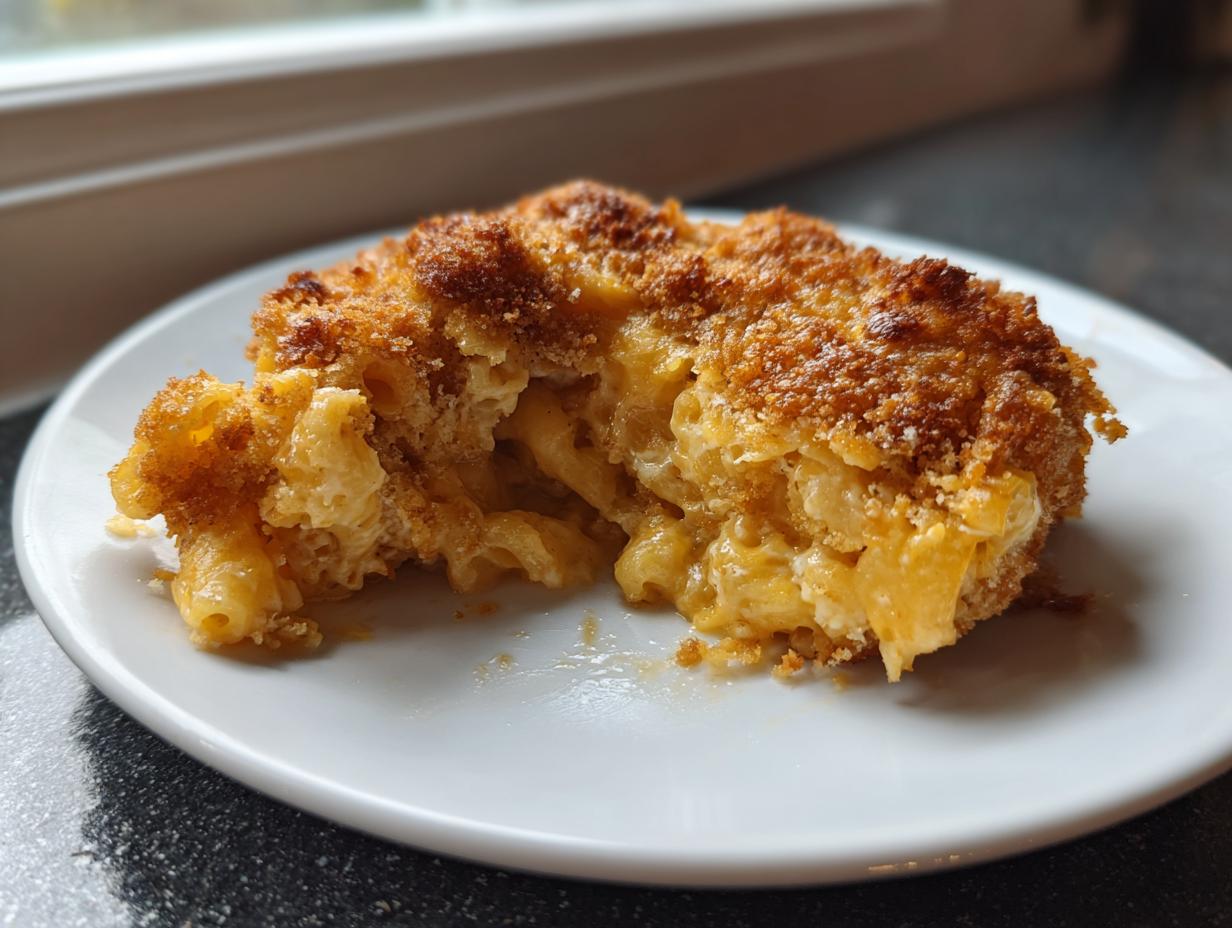 A close-up of a serving of creamy baked mac and cheese with a crispy, golden-brown breadcrumb topping.