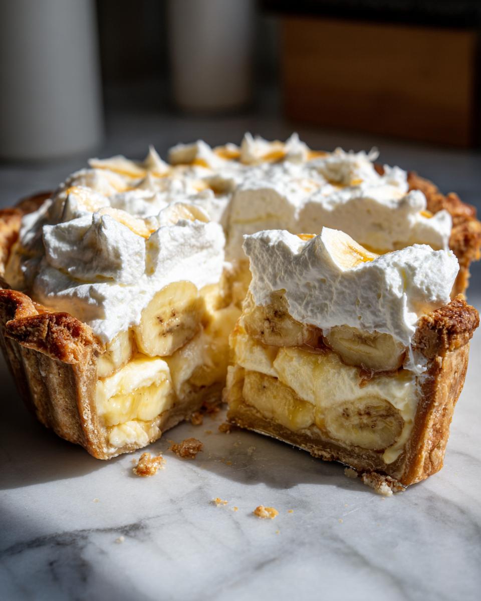 A cross-section view of a decadent banana cream pie showing layers of crust, bananas, cream filling, and whipped topping.