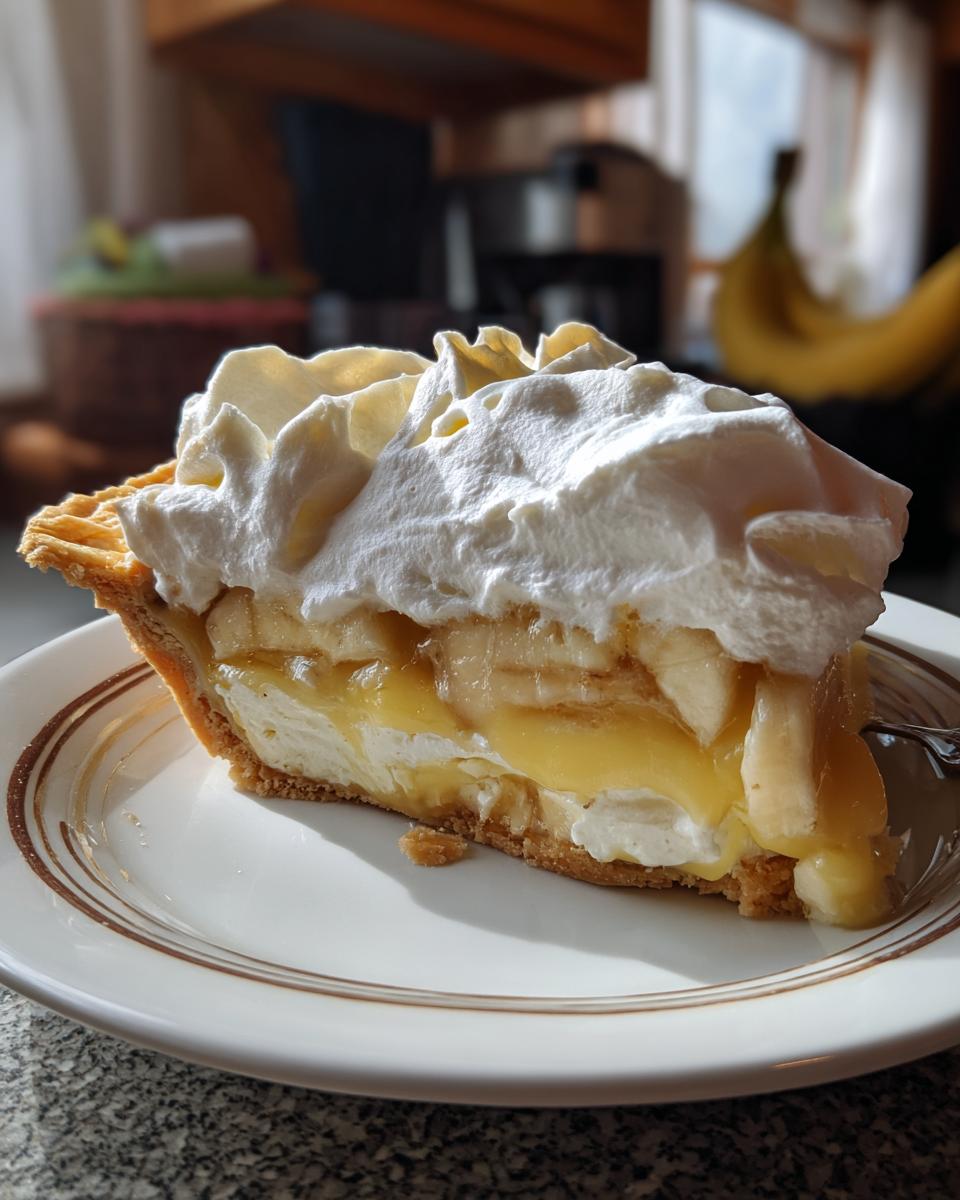 A decadent slice of banana cream pie showing layers of crust, custard, banana slices, and a tall topping of whipped cream.