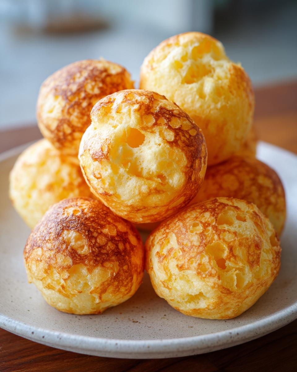 A close-up stack of freshly baked, golden-brown brazilian cheese bread balls on a light ceramic plate.