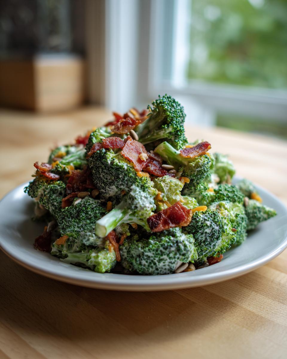 A mound of creamy broccoli salad topped with crispy bacon pieces and sunflower seeds on a white plate.