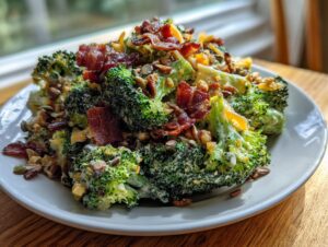 A close-up of a creamy broccoli salad topped with crispy bacon pieces and sunflower seeds.