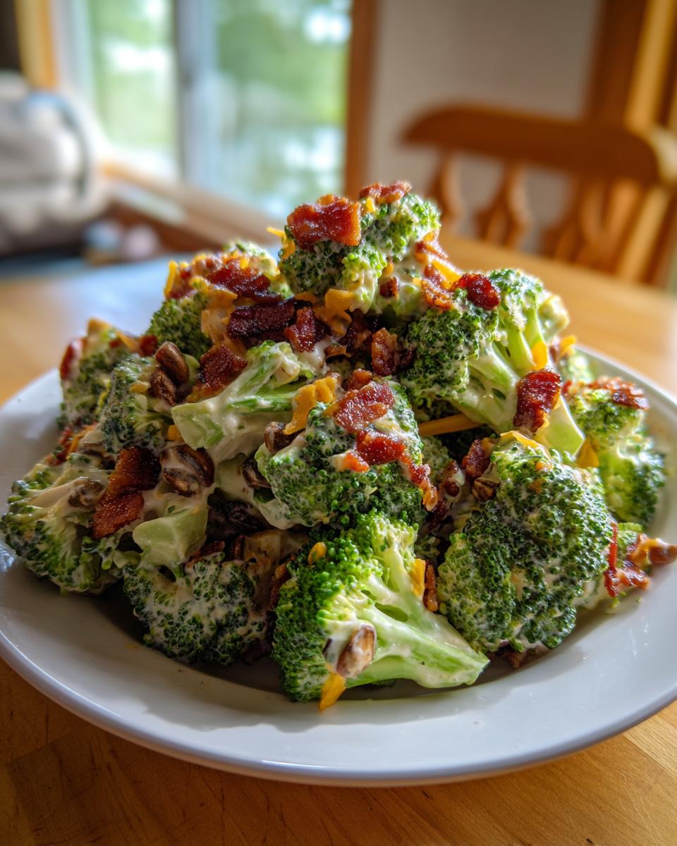 A mound of creamy broccoli salad topped generously with crispy bacon bits and shredded cheddar cheese.