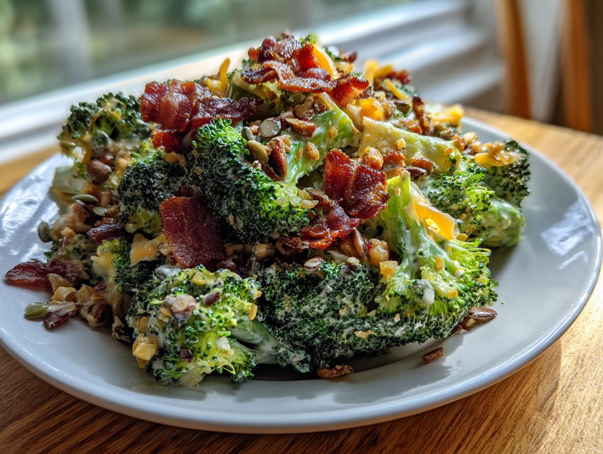 A close-up of a creamy broccoli salad topped with crispy bacon pieces and sunflower seeds.