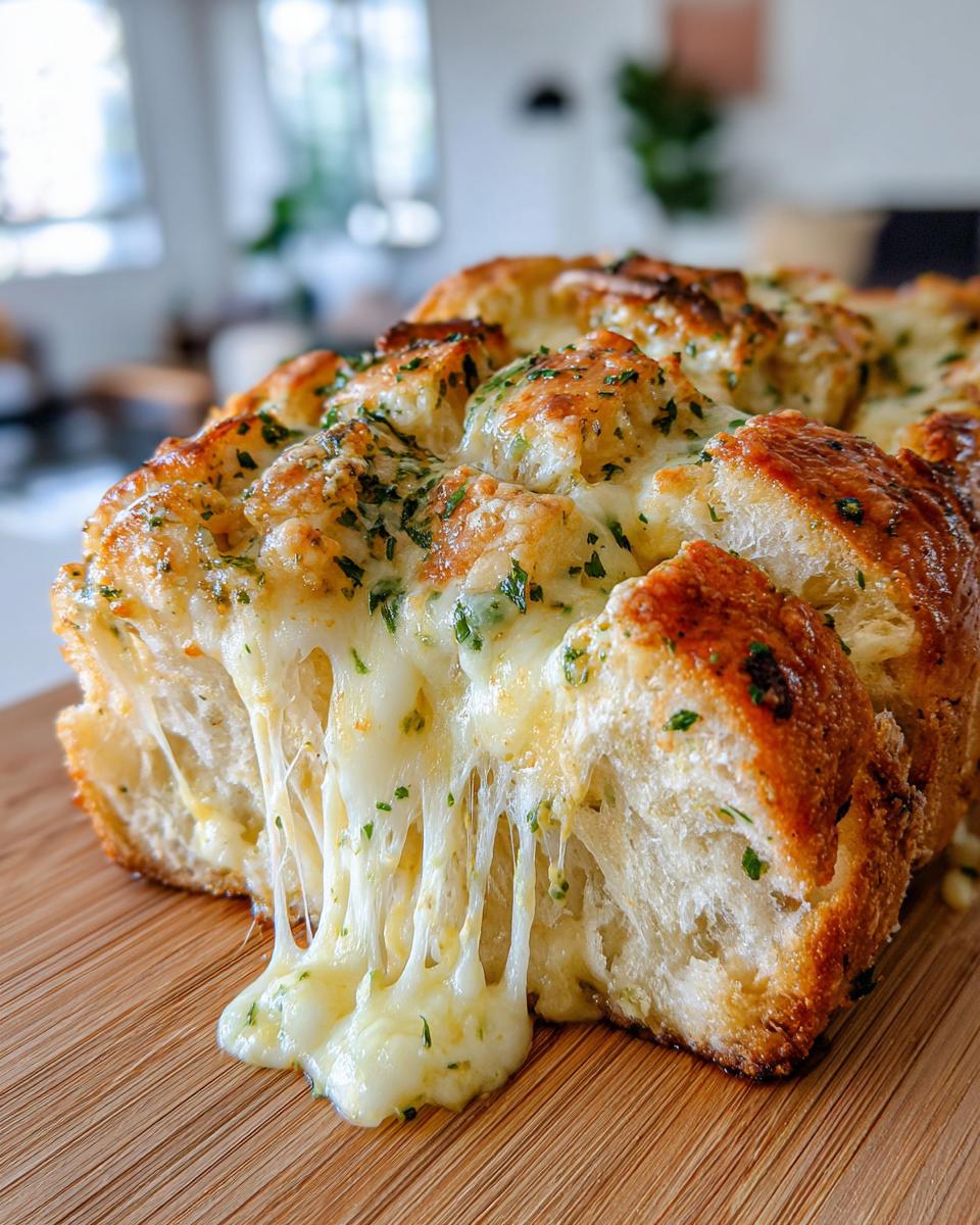 Close-up of gooey, melted cheese stretching from a freshly baked loaf of amazing cheese bread sprinkled with herbs.