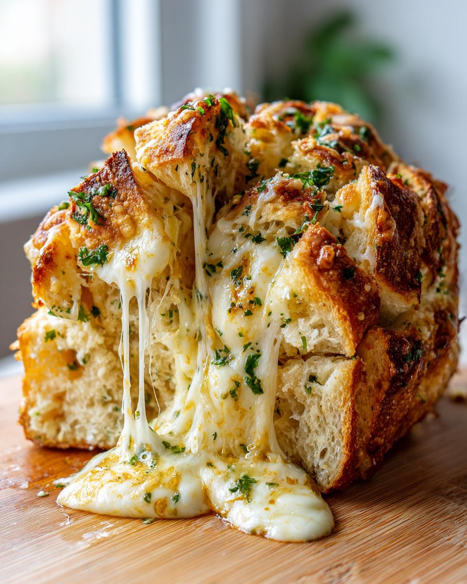 Close-up of a baked loaf of cheese bread with extreme cheese pull, topped with herbs.