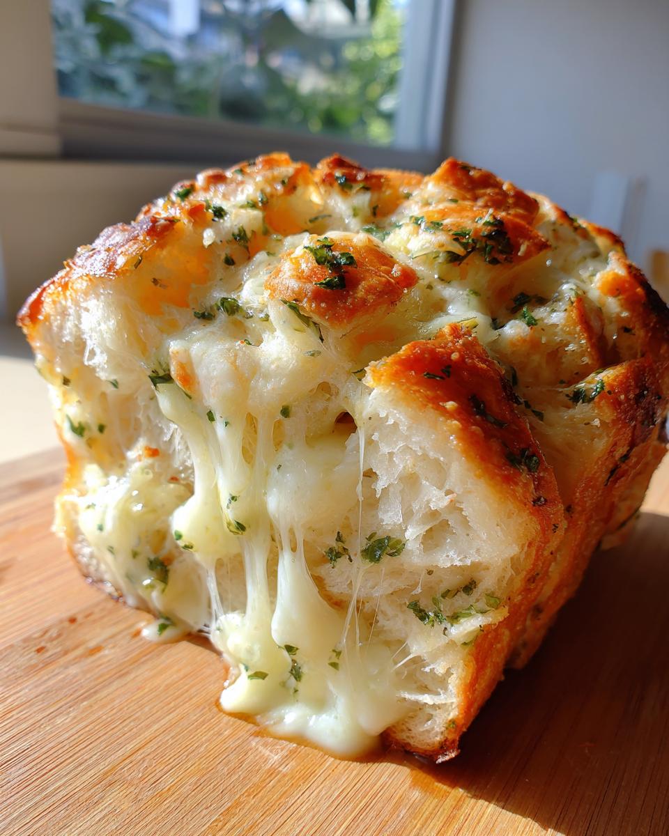 A close-up of freshly baked cheese bread with melted cheese stretching out, sprinkled with herbs.