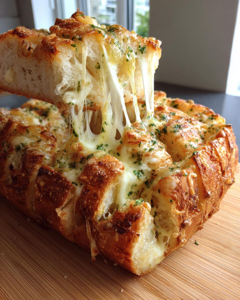 A piece of baked cheese bread is being pulled away, showing long, gooey cheese strings stretching from the loaf.