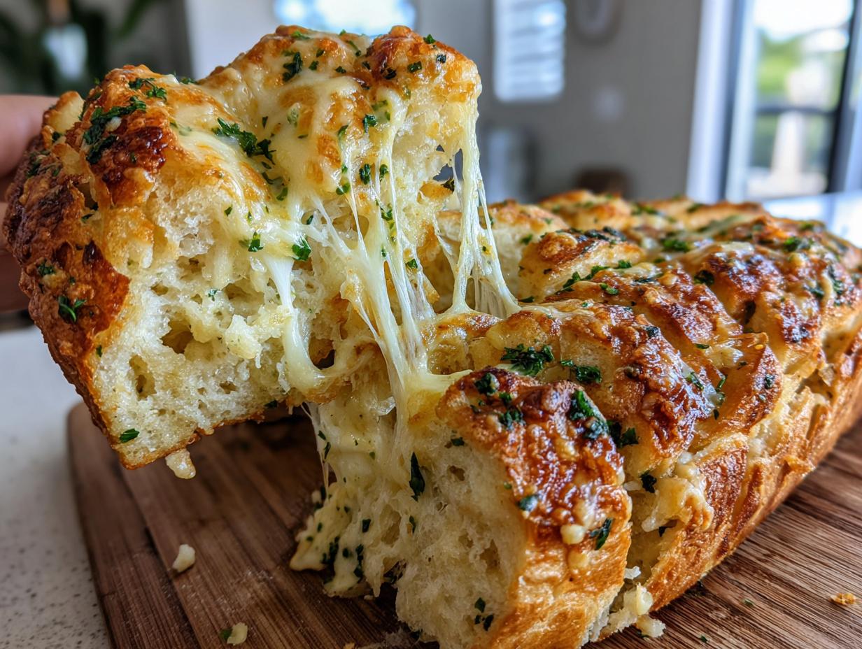 A piece of cheesy, pull-apart cheese bread is lifted, showing long, gooey cheese strings stretching from the loaf.