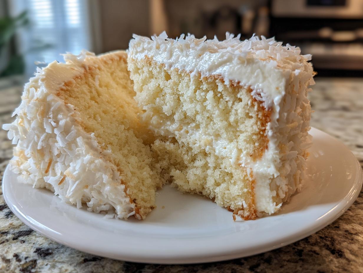 Close-up of two slices of moist coconut cake layered with white frosting and covered in shredded coconut.
