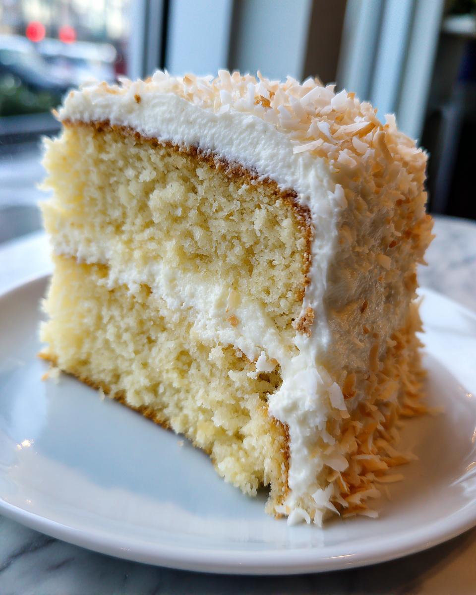 A perfect slice of moist coconut cake layered with white frosting and covered in toasted coconut flakes.