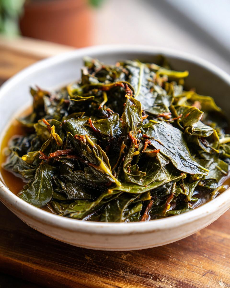 Close-up of a rustic bowl filled with tender, dark green collard greens simmering in pot liquor.