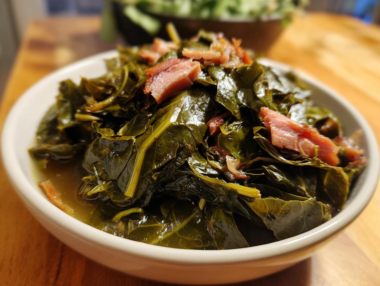 Close-up of a white bowl filled with tender, seasoned collard greens topped with pieces of smoked ham.