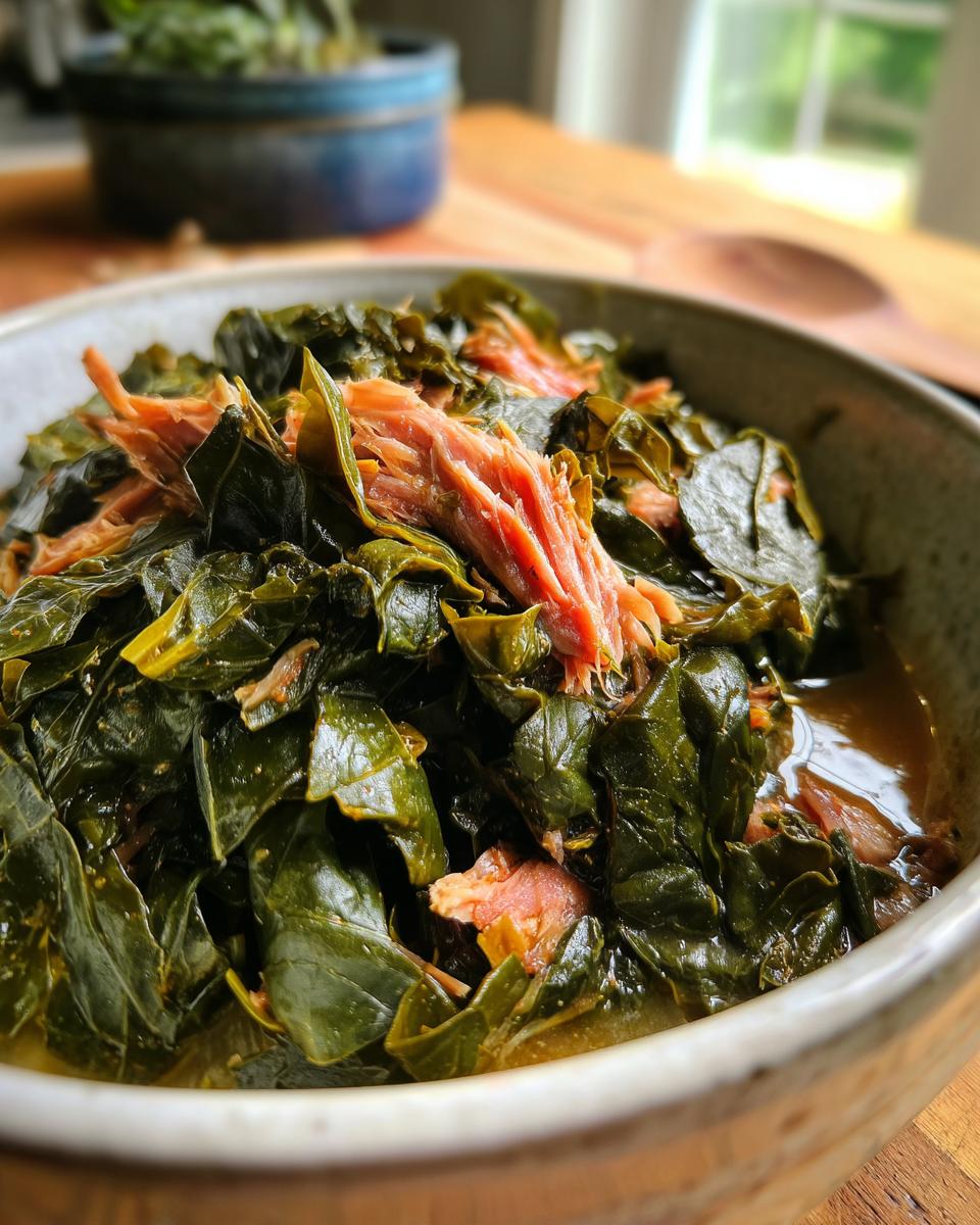 Close-up of tender, dark green collard greens served in a bowl with shredded smoked meat.
