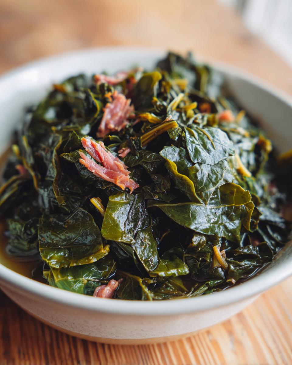 Close-up of tender, dark green collard greens seasoned and topped with pieces of smoked ham in a white bowl.