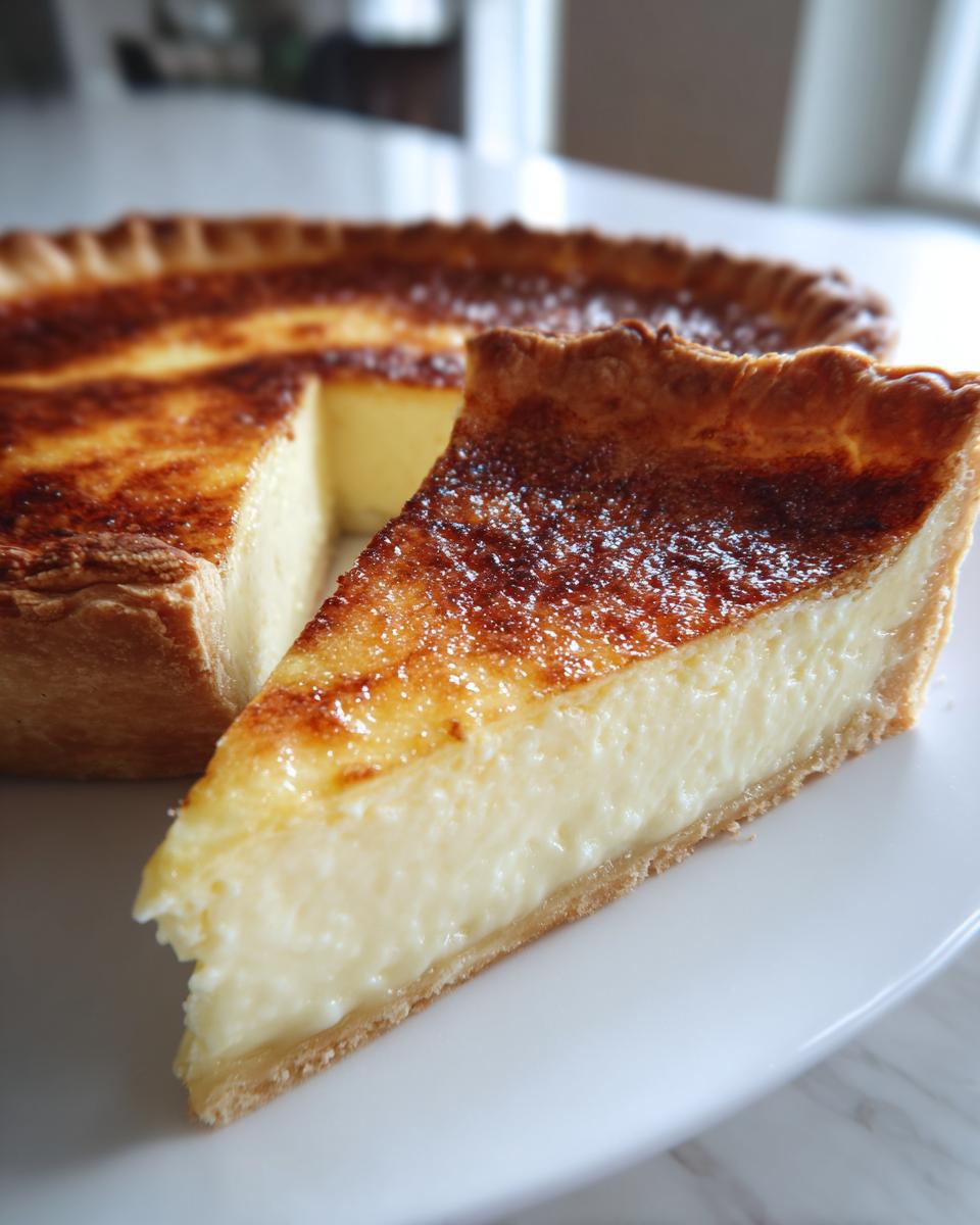 A close-up of a slice of creamy custard pie with a beautifully caramelized, browned top crust.