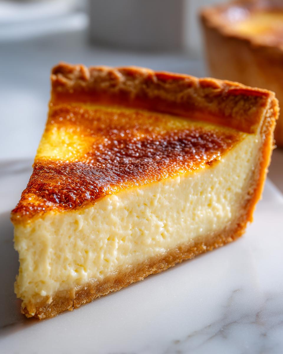 A close-up of a thick slice of amazing custard pie showing the creamy filling and deeply caramelized top crust.
