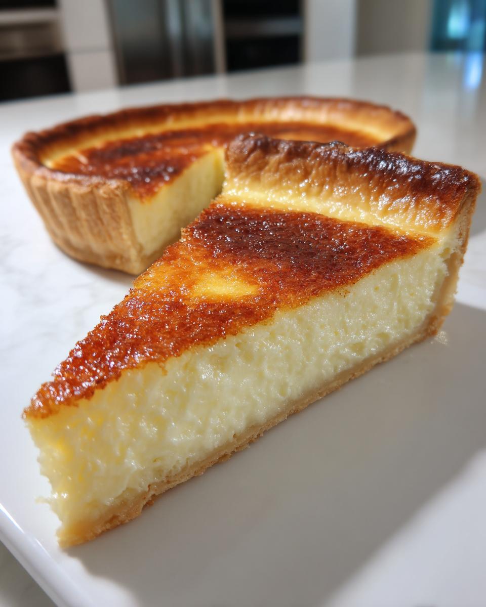 Close-up of a slice of amazing custard pie showing the creamy filling and deeply browned top crust.