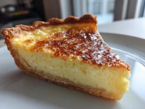 A close-up slice of amazing custard pie showing a creamy yellow filling and a deeply browned, caramelized top crust.