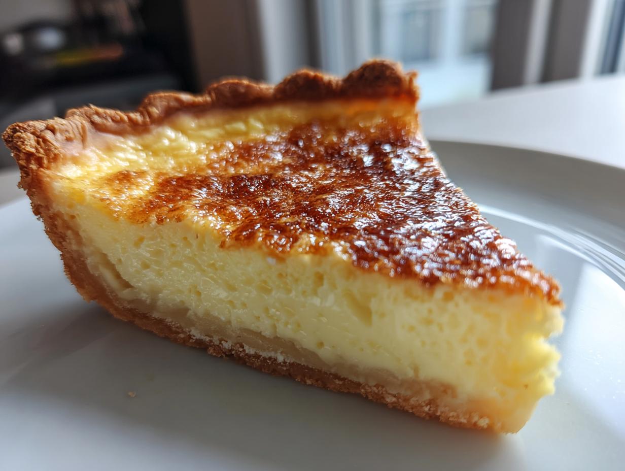 A close-up slice of amazing custard pie showing a creamy yellow filling and a deeply browned, caramelized top crust.