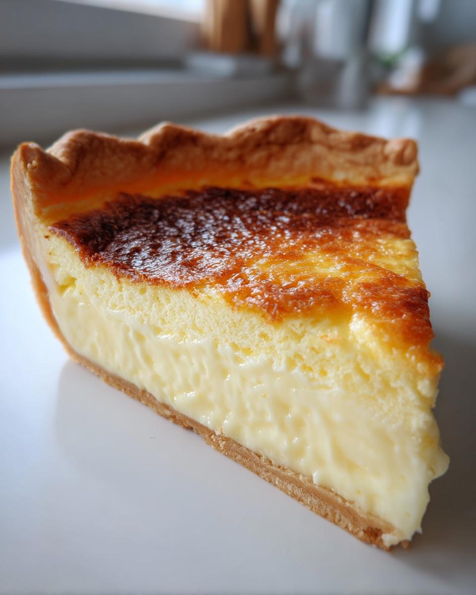 A perfect slice of amazing custard pie showing the creamy filling and a beautifully browned top crust.