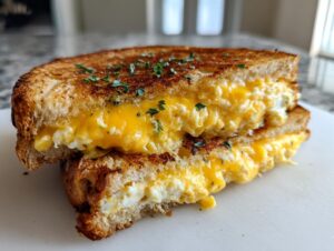 Close-up of a delicious egg toast sandwich, cut in half, showing fluffy eggs and melted cheddar cheese.