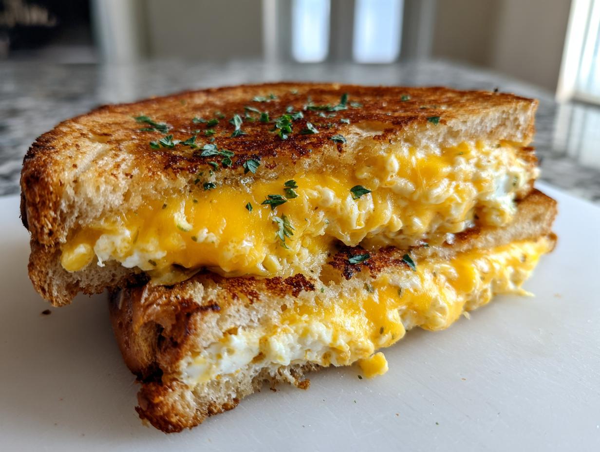 Close-up of a delicious egg toast sandwich, cut in half, showing fluffy eggs and melted cheddar cheese.
