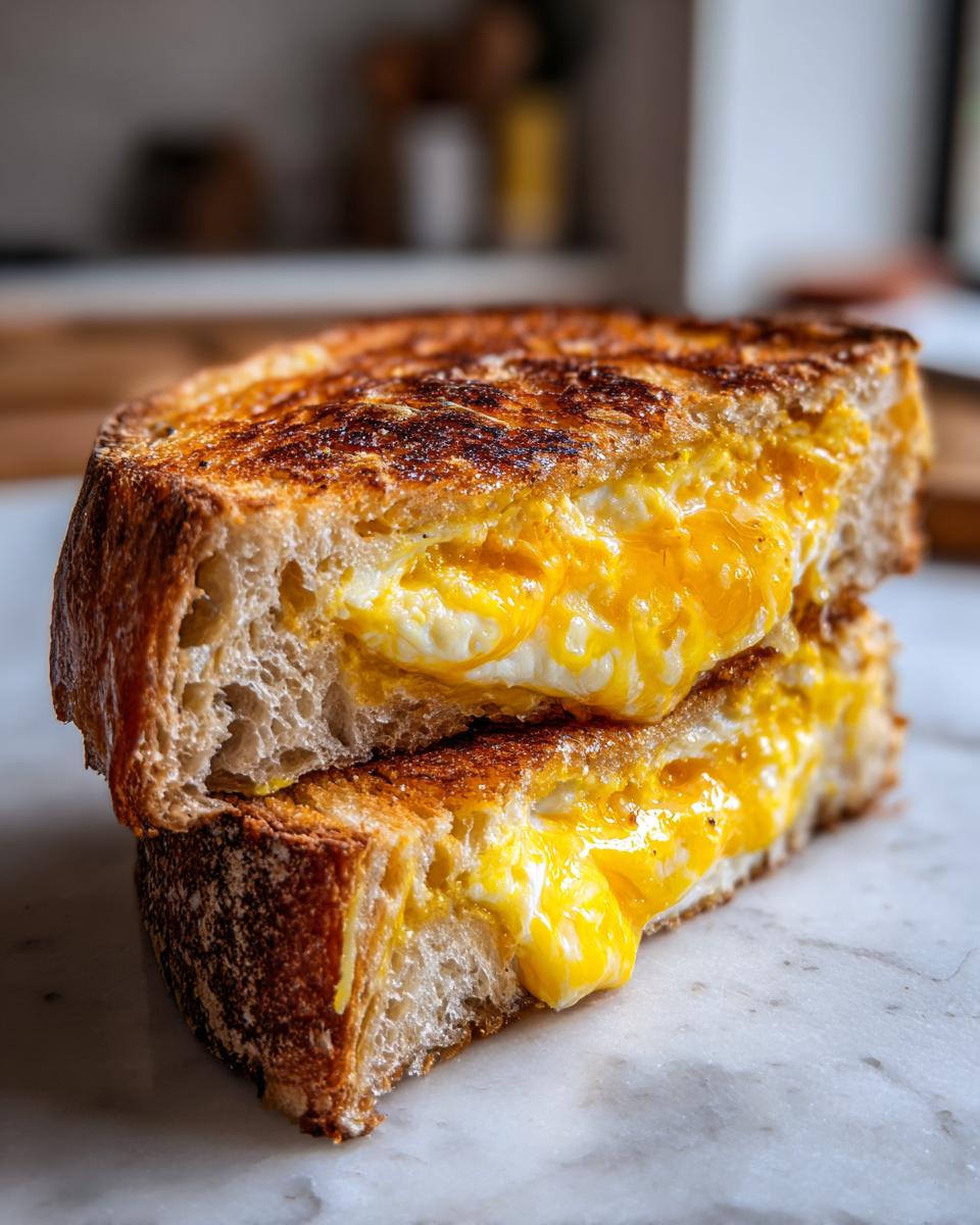 Close-up of a perfectly grilled egg toast sandwich cut in half, showing molten bright yellow egg yolk spilling out.