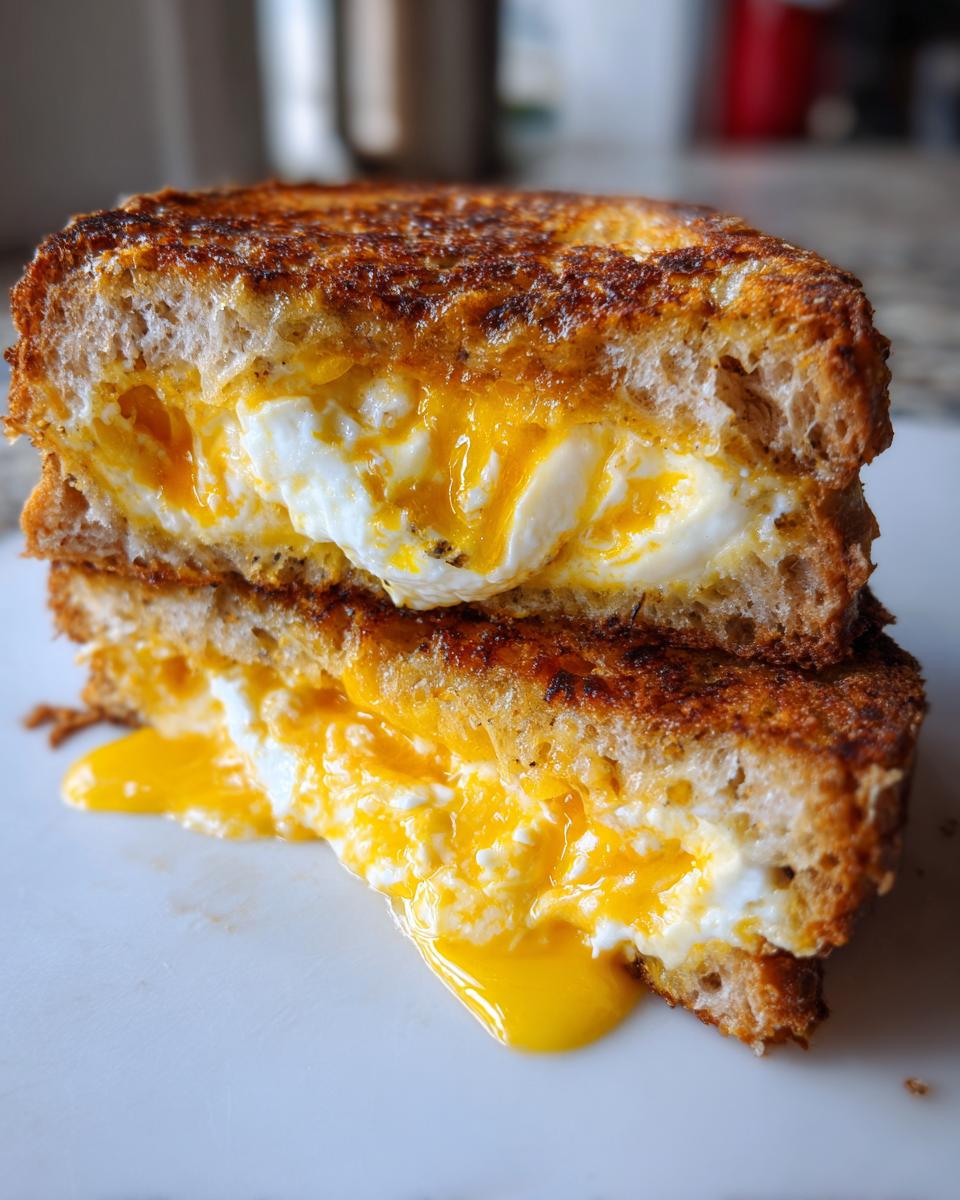 Close-up of a halved egg toast sandwich showing runny yolk and perfectly cooked whites inside toasted bread.
