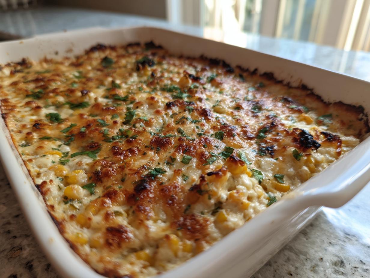 Close-up of a hot, bubbly, baked elote dip topped with browned cheese and fresh cilantro in a white baking dish.