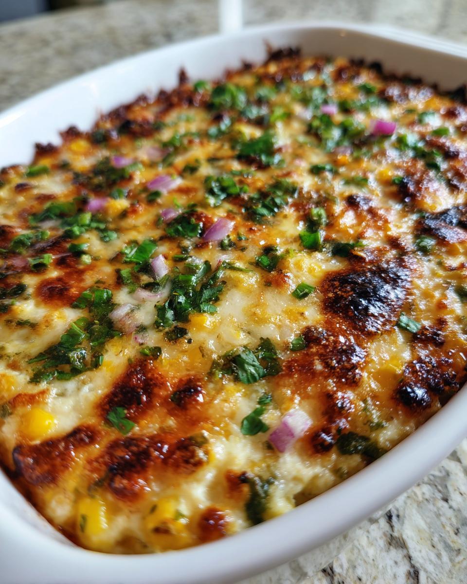 Close-up of a bubbly, baked elote dip in a white dish, topped with melted cheese, cilantro, and red onion.