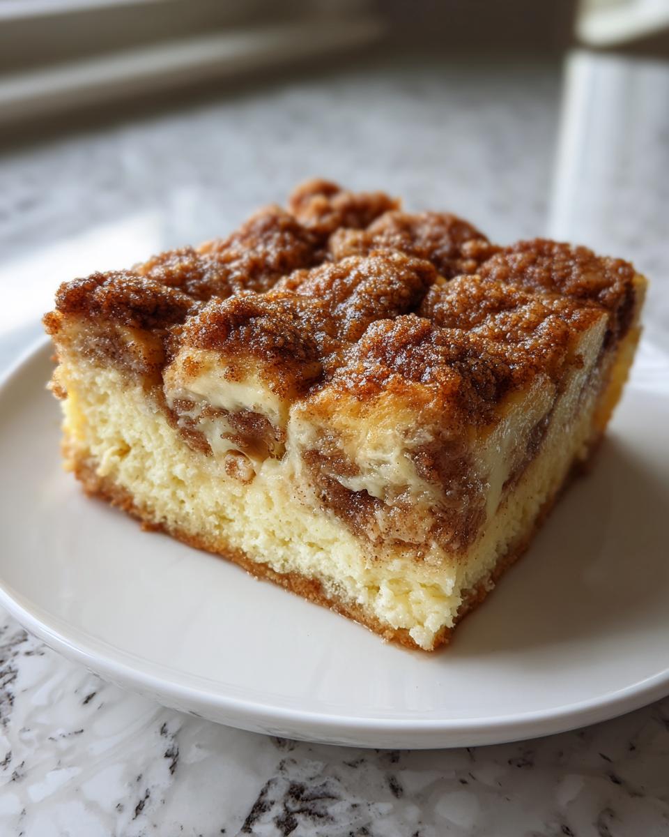 A square slice of amazing french toast casserole featuring a creamy center and a thick, sugary cinnamon streusel topping.