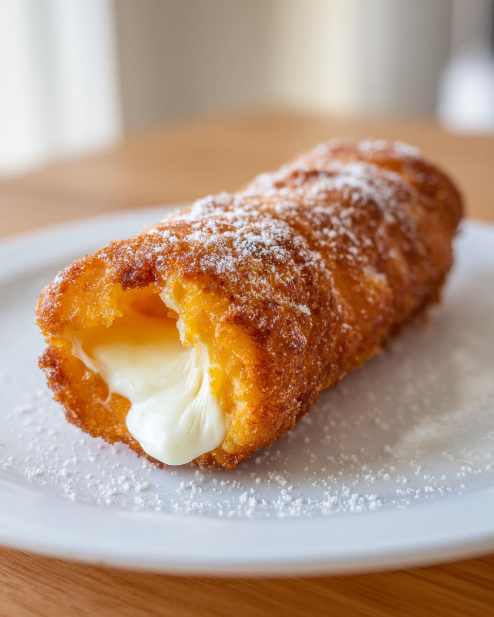 A freshly fried korean corn dog cut open, showing a dramatic, gooey cheese pull, dusted with powdered sugar.
