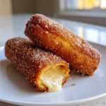 Two sugar-coated Korean corn dogs, one cut open revealing a dramatic, stretchy cheese pull.