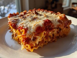 A close-up serving of amazing lazy lasagna topped with bubbling, melted mozzarella cheese and rich tomato sauce.