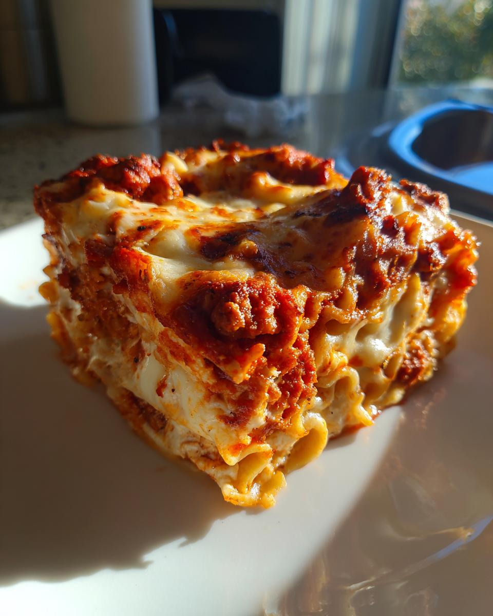A tall, square slice of cheesy lazy lasagna with rich red sauce, served on a white plate in bright sunlight.