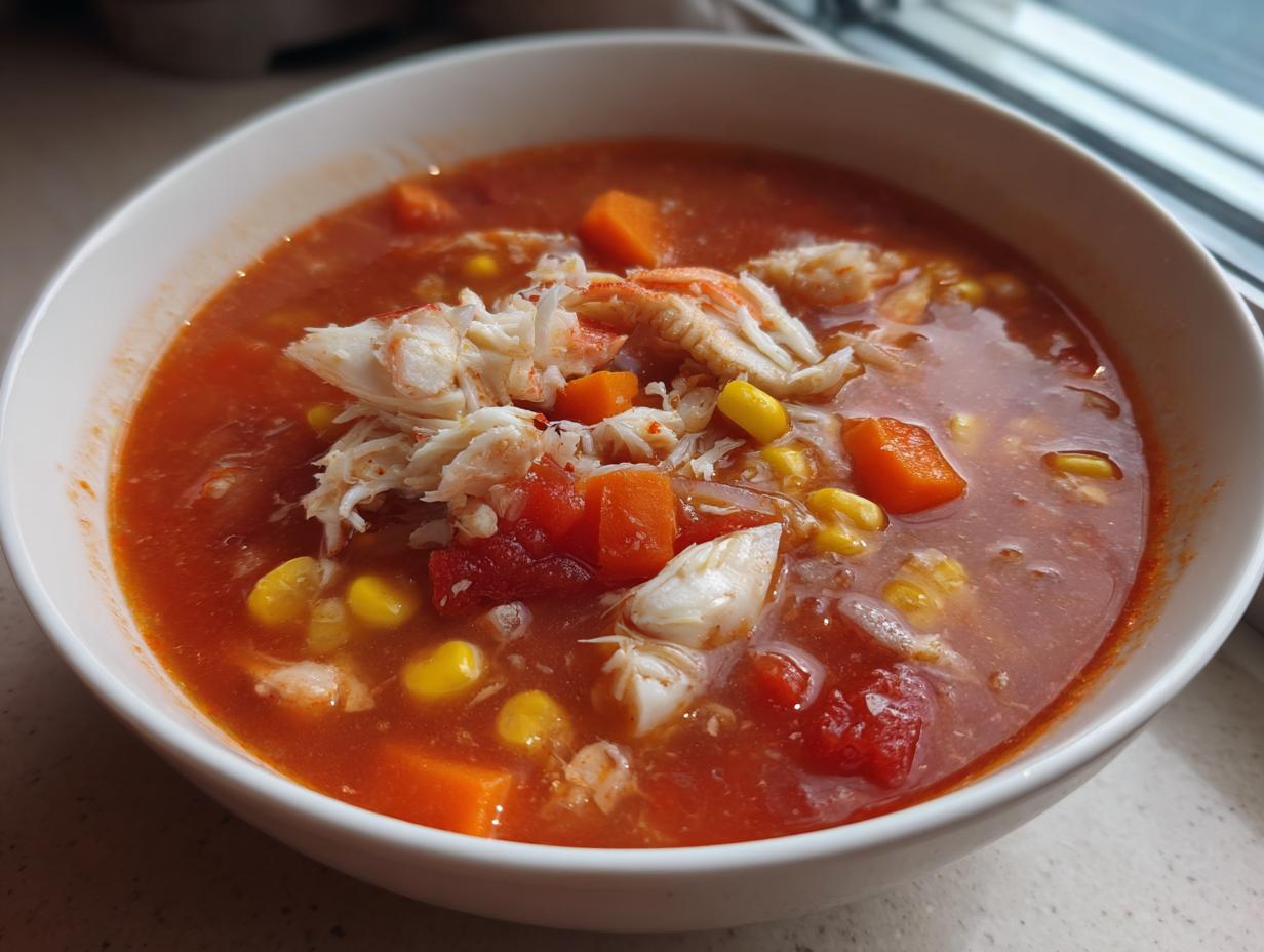 A close-up of a white bowl filled with rich, red maryland crab soup, topped generously with white crab meat, corn, and diced carrots.