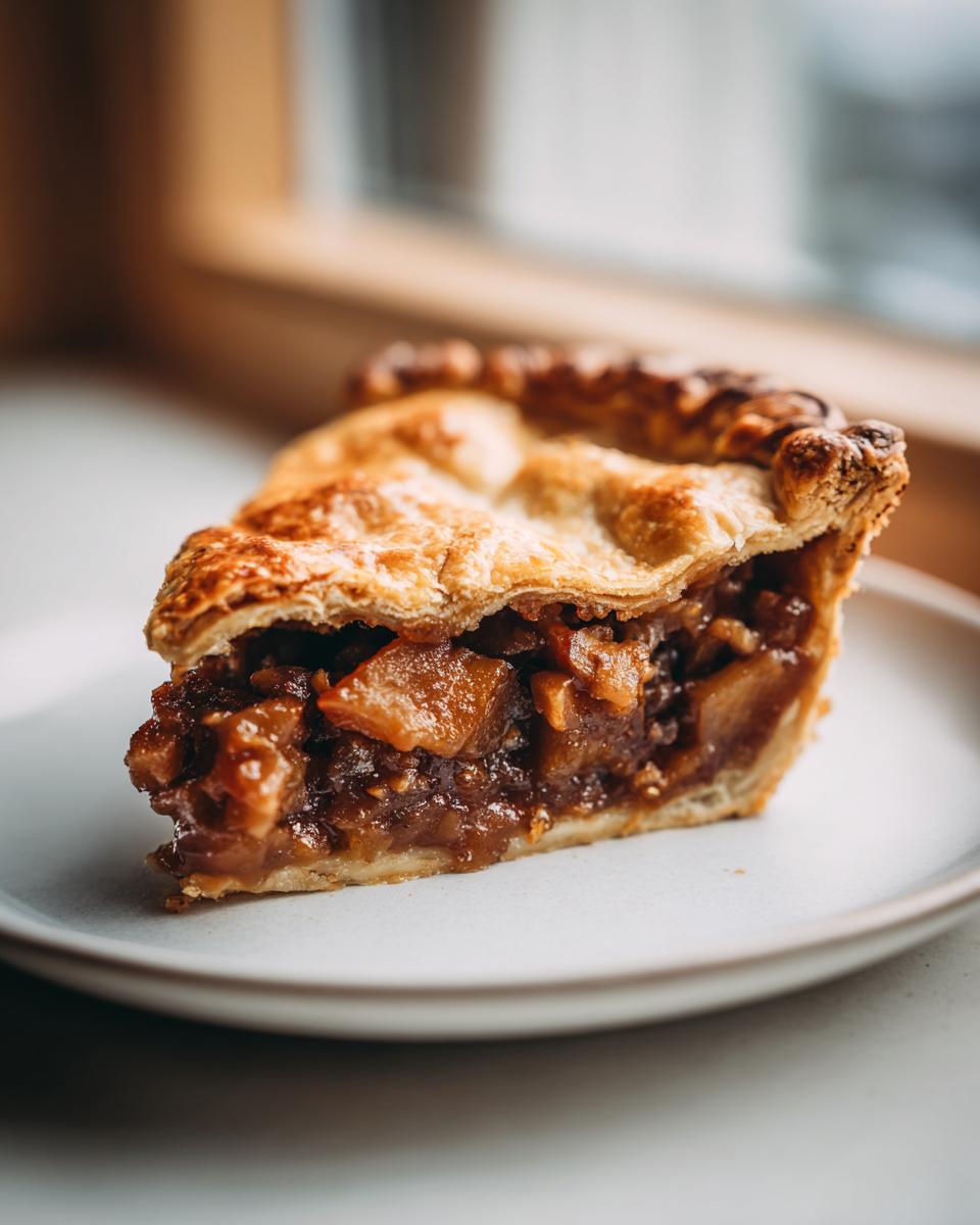 Close-up of a thick slice of amazing mincemeat pie showing rich, chunky filling and flaky golden crust.