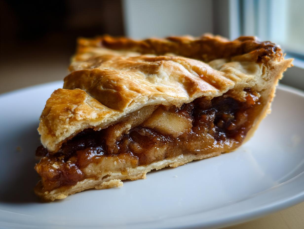 A close-up view of a thick, juicy slice of amazing mincemeat pie with flaky golden crust.