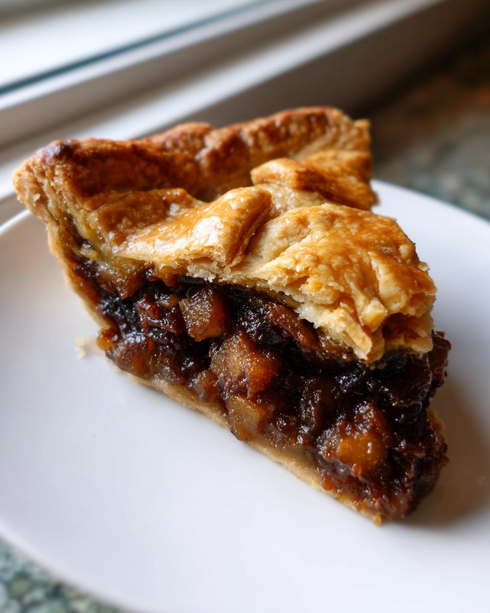 Close-up of a juicy slice of mincemeat pie showing the rich, dark filling and flaky golden crust.