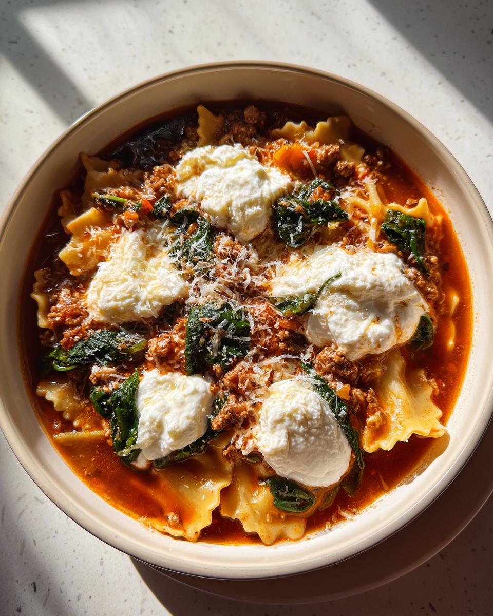 A close-up of a bowl of amazing one pot lasagna soup topped with dollops of ricotta and grated cheese.