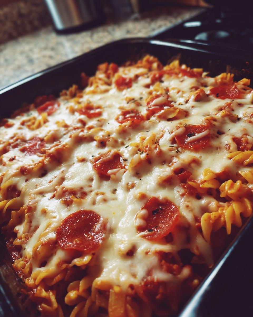 Close-up of a bubbling pizza casserole made with rotini pasta, tomato sauce, pepperoni, and melted mozzarella cheese.