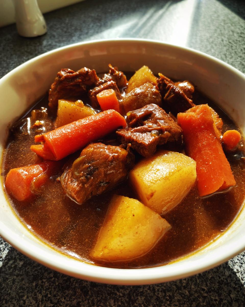 Close-up of a white bowl filled with rich, dark brown pork stew featuring tender meat chunks, large carrots, and potatoes.