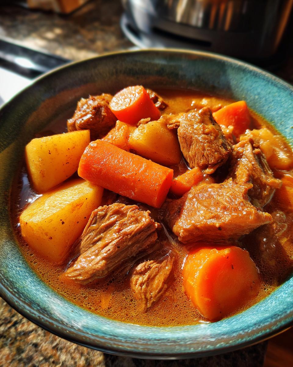 Close-up of a bowl filled with tender chunks of pork stew, large pieces of carrots, and potatoes in a rich, savory broth.