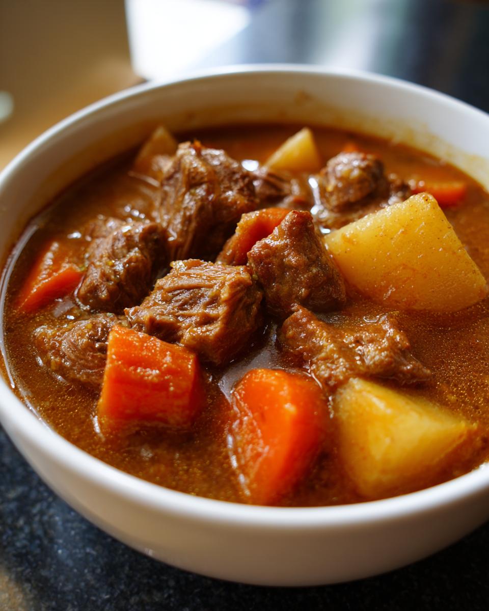 Close-up of a white bowl filled with rich, brown pork stew chunks, carrots, and potatoes.