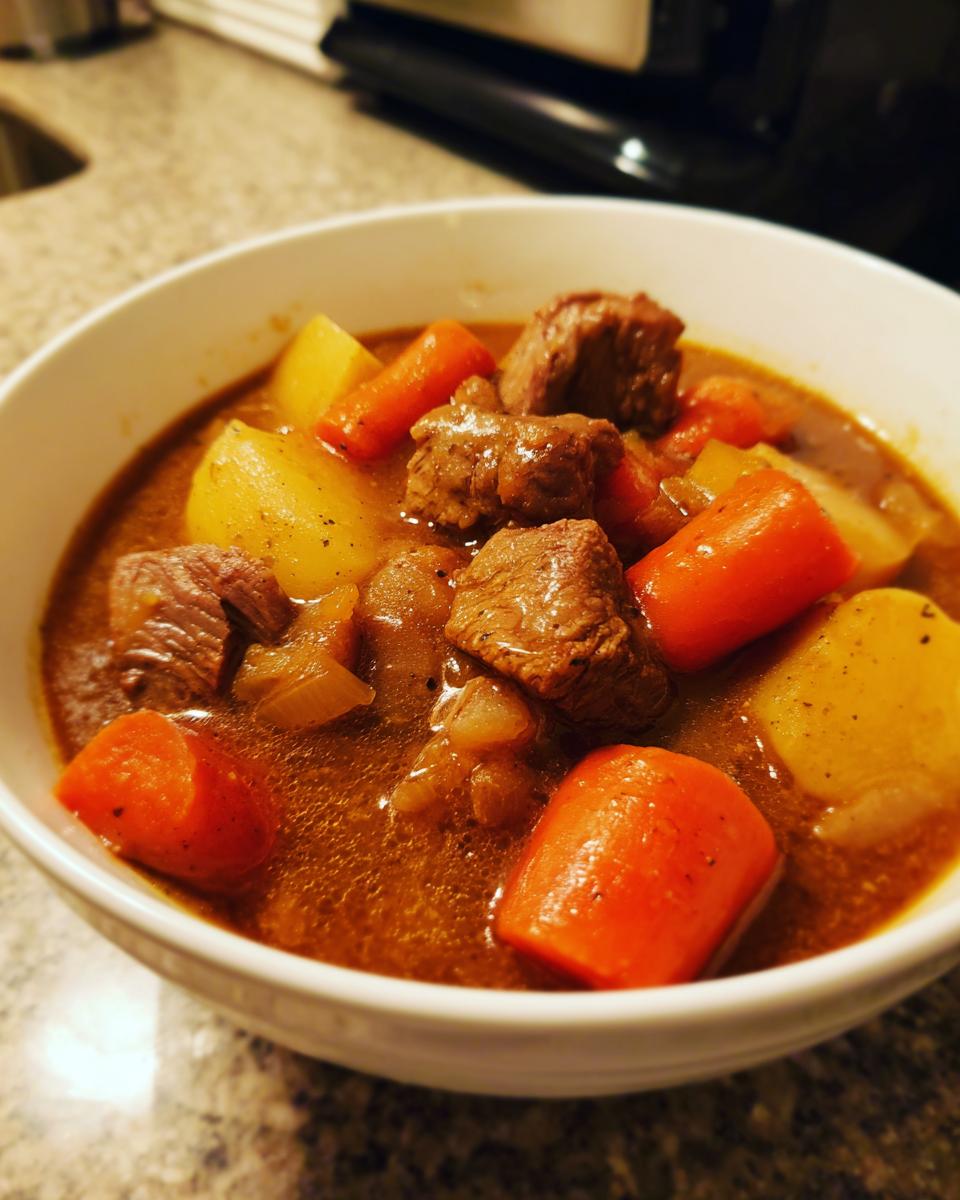 Close-up of a white bowl filled with rich, savory pork stew chunks, carrots, and potatoes.
